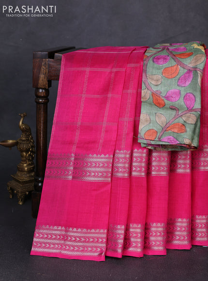 Mangalgiri silk cotton saree pink and green shade with allover silver zari checked pattern and rettapet silver zari woven border