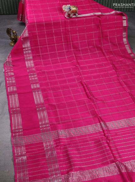 Mangalgiri silk cotton saree pink and green shade with allover silver zari checked pattern and rettapet silver zari woven border