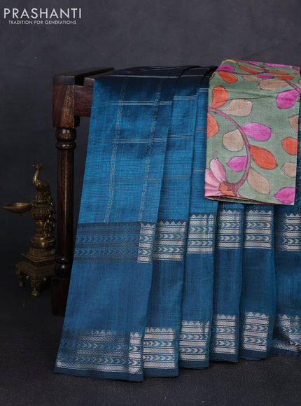 Mangalgiri silk cotton saree peacock blue and green shade with allover silver zari checked pattern and rettapet silver zari woven border