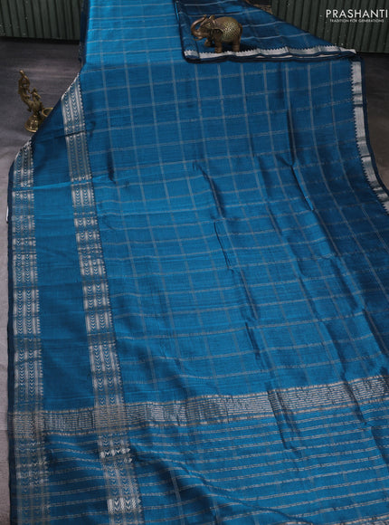 Mangalgiri silk cotton saree peacock blue and green shade with allover silver zari checked pattern and rettapet silver zari woven border