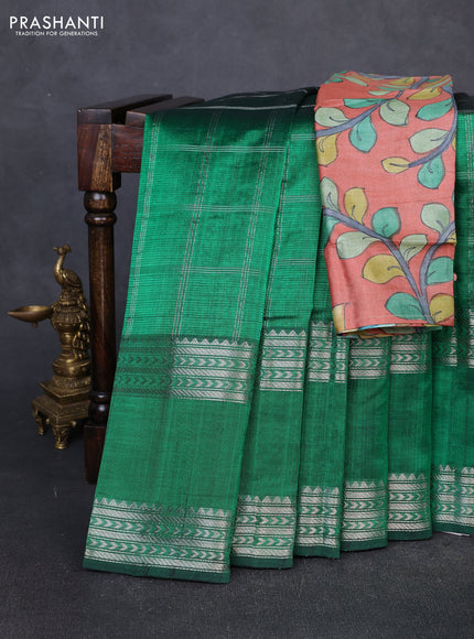 Mangalgiri silk cotton saree green and peach shade with allover silver zari checked pattern and rettapet silver zari woven border