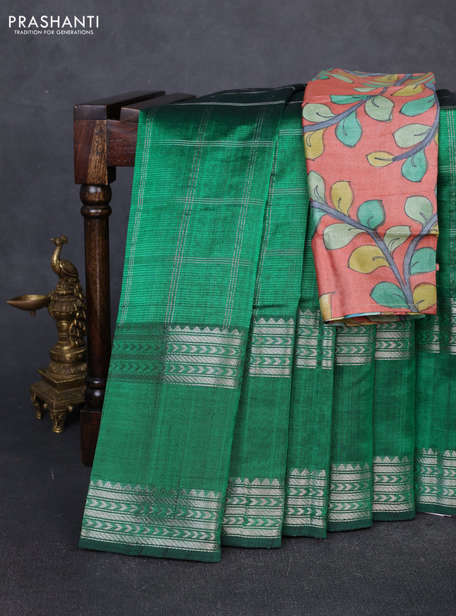 Mangalgiri silk cotton saree green and peach shade with allover silver zari checked pattern and rettapet silver zari woven border