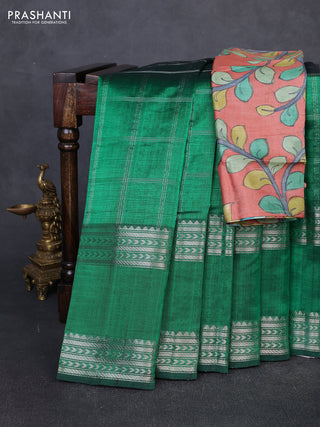 Mangalgiri silk cotton saree green and peach shade with allover silver zari checked pattern and rettapet silver zari woven border