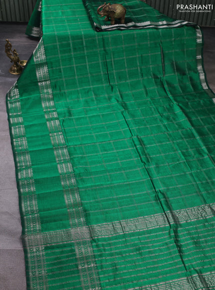Mangalgiri silk cotton saree green and peach shade with allover silver zari checked pattern and rettapet silver zari woven border