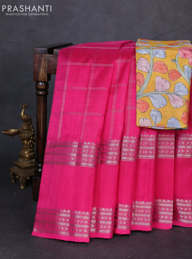 Mangalgiri silk cotton saree pink and mustard yellow with allover silver zari checked pattern and rettapet silver zari woven border