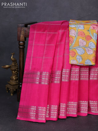 Mangalgiri silk cotton saree pink and mustard yellow with allover silver zari checked pattern and rettapet silver zari woven border