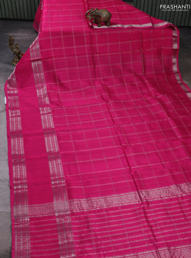 Mangalgiri silk cotton saree pink and mustard yellow with allover silver zari checked pattern and rettapet silver zari woven border