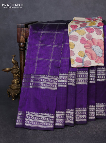 Mangalgiri silk cotton saree violet and beige with allover silver zari checked pattern and rettapet silver zari woven border