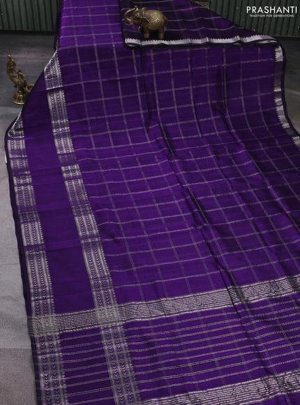 Mangalgiri silk cotton saree violet and beige with allover silver zari checked pattern and rettapet silver zari woven border