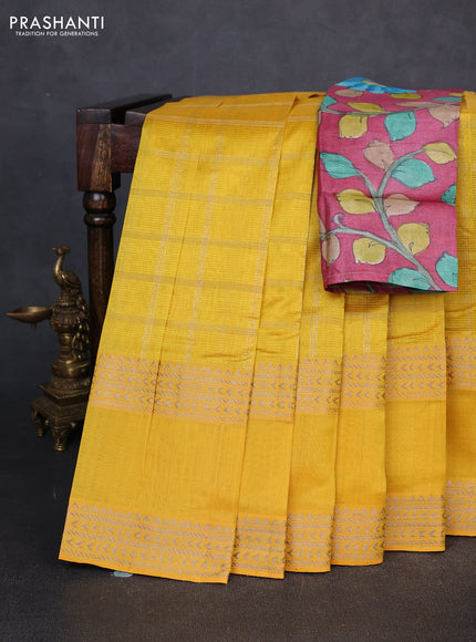 Mangalgiri silk cotton saree yellow and magenta pink with allover silver zari checked pattern and rettapet silver zari woven border