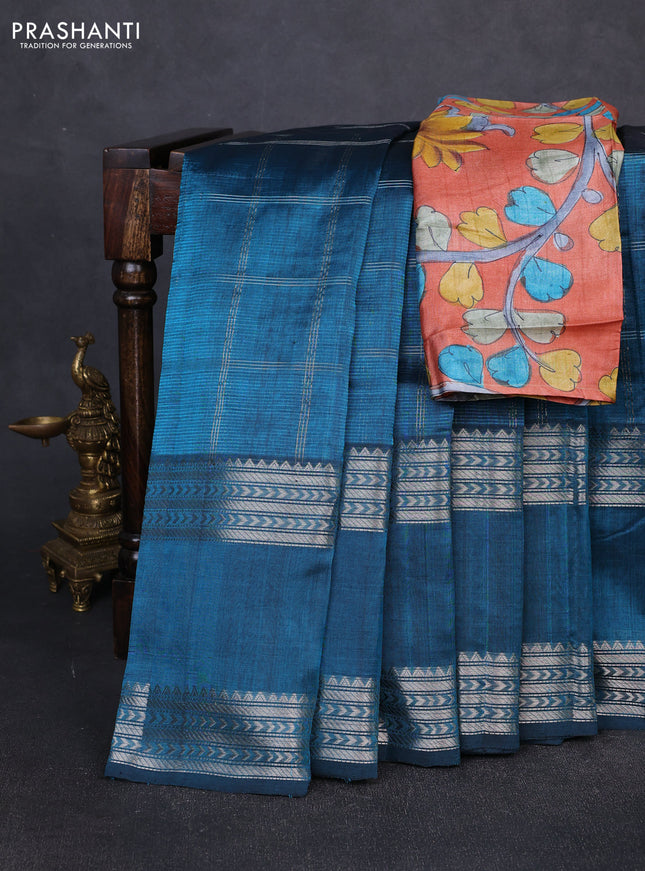 Mangalgiri silk cotton saree peacock blue and orange with allover silver zari checked pattern and rettapet silver zari woven border