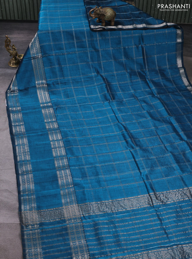Mangalgiri silk cotton saree peacock blue and orange with allover silver zari checked pattern and rettapet silver zari woven border