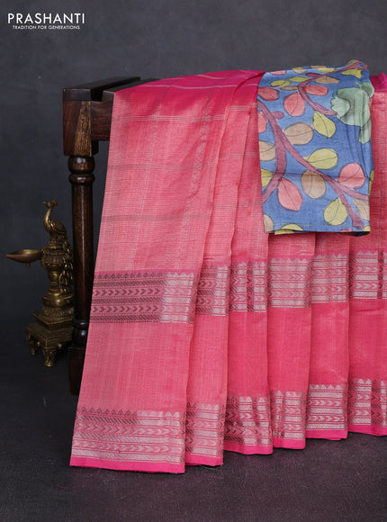 Mangalgiri silk cotton saree light pink and bluish grey with allover silver zari checked pattern and rettapet silver zari woven border