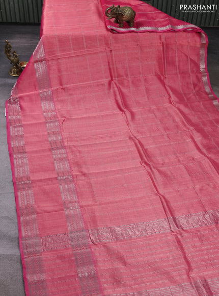 Mangalgiri silk cotton saree light pink and bluish grey with allover silver zari checked pattern and rettapet silver zari woven border
