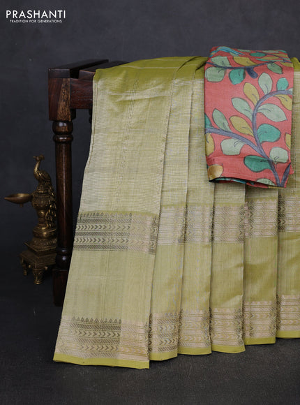 Mangalgiri silk cotton saree elaichi green and peach shade with allover silver zari checked pattern and rettapet silver zari woven border