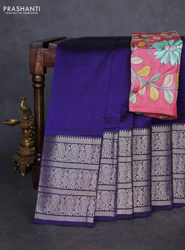 Mangalgiri silk cotton saree deep violet and pink with plain body and long annam silver zari woven border