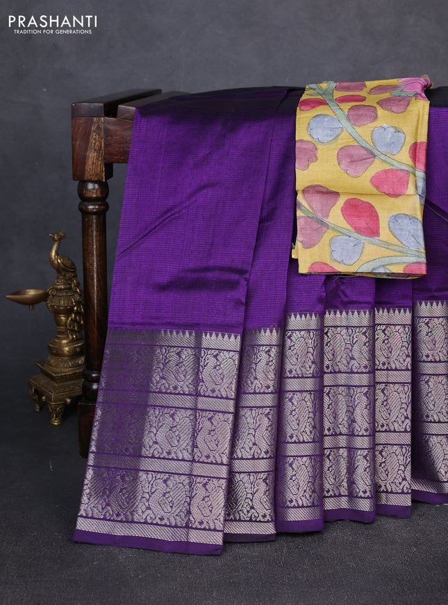 Mangalgiri silk cotton saree violet and mustard yellow with plain body and long annam silver zari woven border