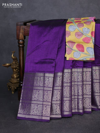 Mangalgiri silk cotton saree violet and mustard yellow with plain body and long annam silver zari woven border