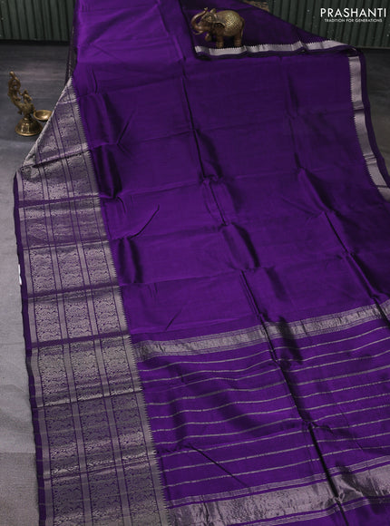 Mangalgiri silk cotton saree violet and mustard yellow with plain body and long annam silver zari woven border