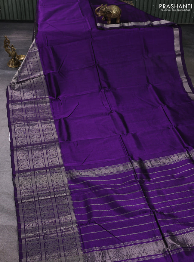 Mangalgiri silk cotton saree violet and mustard yellow with plain body and long annam silver zari woven border