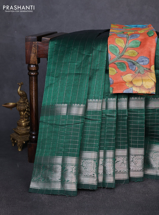 Mangalgiri silk cotton saree green and orange with allover silver zari checked pattern and silver zari woven border