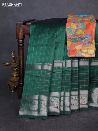 Mangalgiri silk cotton saree green and orange with allover silver zari checked pattern and silver zari woven border