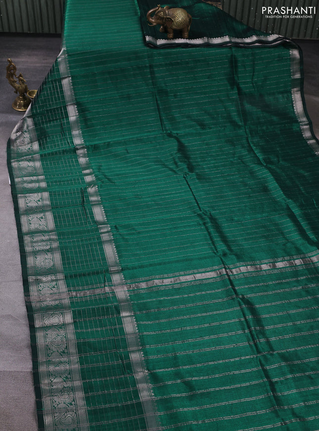 Mangalgiri silk cotton saree green and orange with allover silver zari checked pattern and silver zari woven border