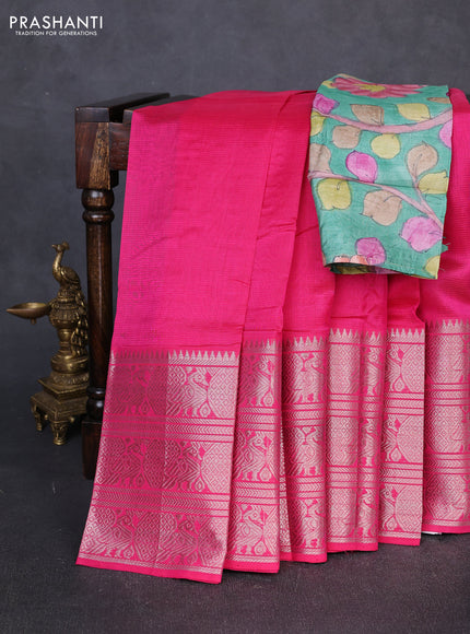 Mangalgiri silk cotton saree pink and green with plain body and long temple design silver zari woven border