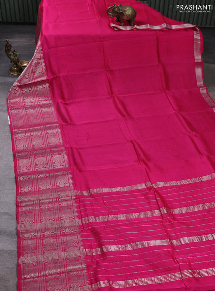 Mangalgiri silk cotton saree pink and green with plain body and long temple design silver zari woven border