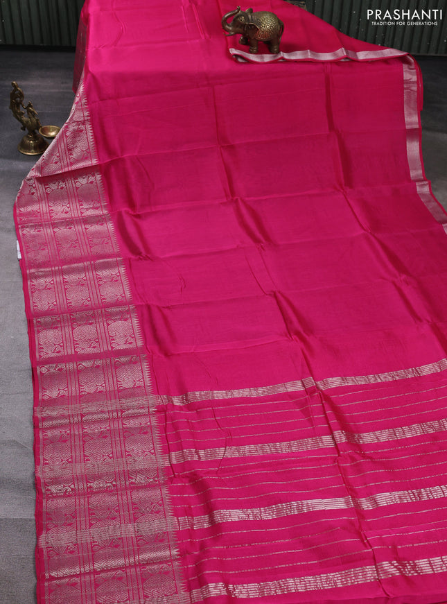 Mangalgiri silk cotton saree pink and green with plain body and long temple design silver zari woven border