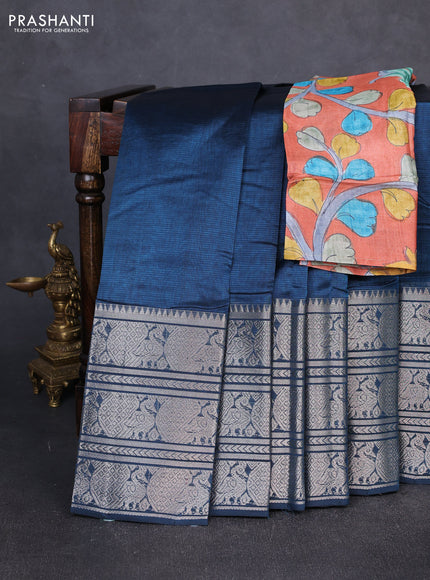Mangalgiri silk cotton saree peacock blue and orange with plain body and long annam silver zari woven border