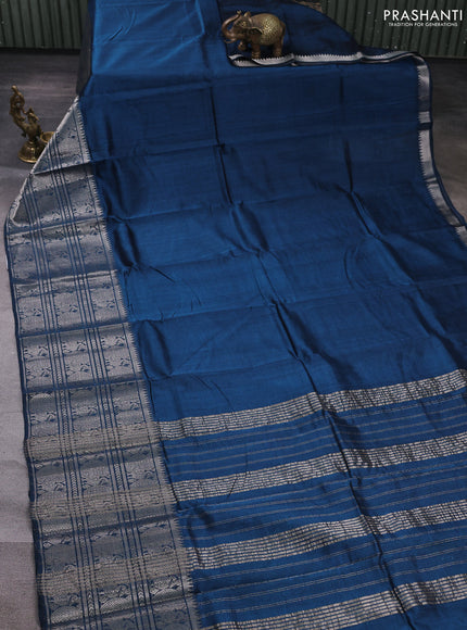 Mangalgiri silk cotton saree peacock blue and orange with plain body and long annam silver zari woven border