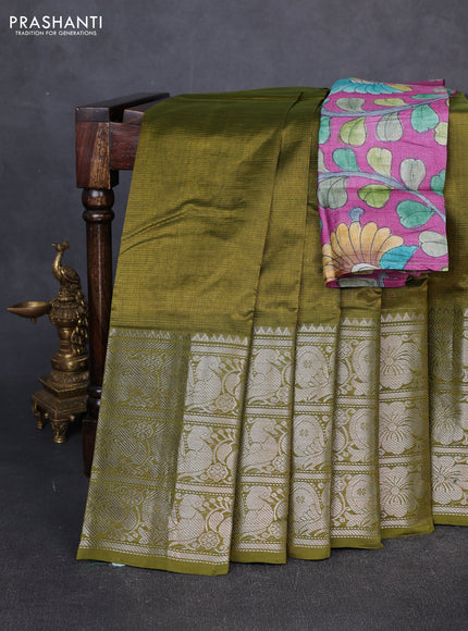 Mangalgiri silk cotton saree mehendi green and magenta pink with plain body and long temple design silver zari woven border