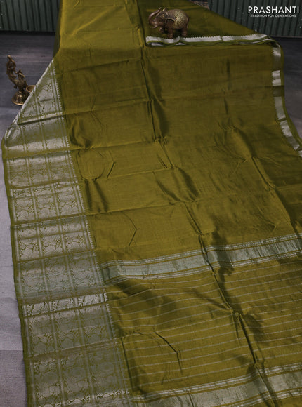 Mangalgiri silk cotton saree mehendi green and magenta pink with plain body and long temple design silver zari woven border
