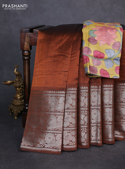 Mangalgiri silk cotton saree rust shade and mustard yellow with plain body and long temple design silver zari woven border