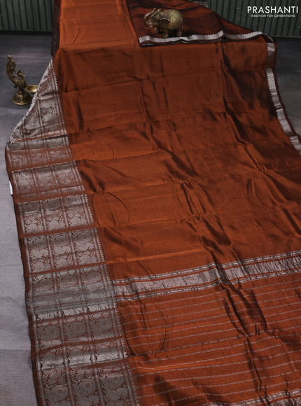 Mangalgiri silk cotton saree rust shade and mustard yellow with plain body and long temple design silver zari woven border