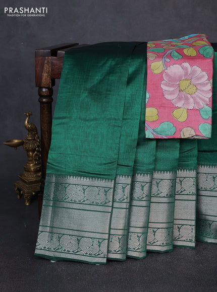 Mangalgiri silk cotton saree green and pink shade with plain body and long annam silver zari woven border