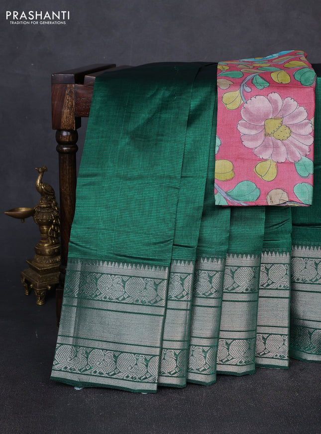 Mangalgiri silk cotton saree green and pink shade with plain body and long annam silver zari woven border