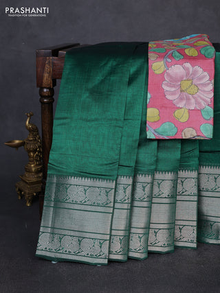 Mangalgiri silk cotton saree green and pink shade with plain body and long annam silver zari woven border