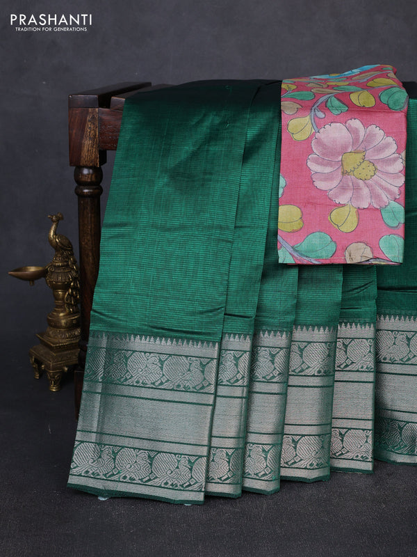 Mangalgiri silk cotton saree green and pink shade with plain body and long annam silver zari woven border