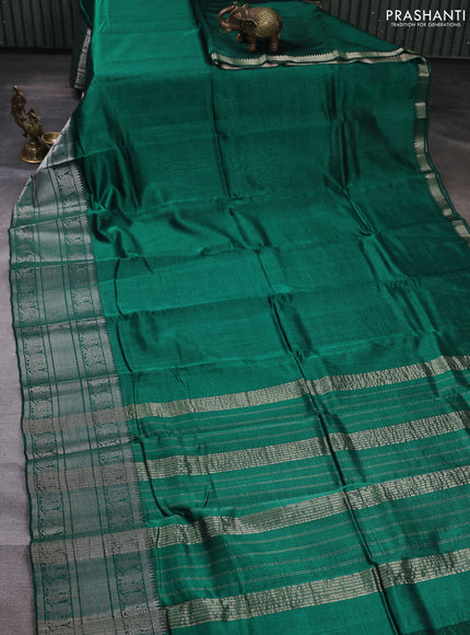 Mangalgiri silk cotton saree green and pink shade with plain body and long annam silver zari woven border