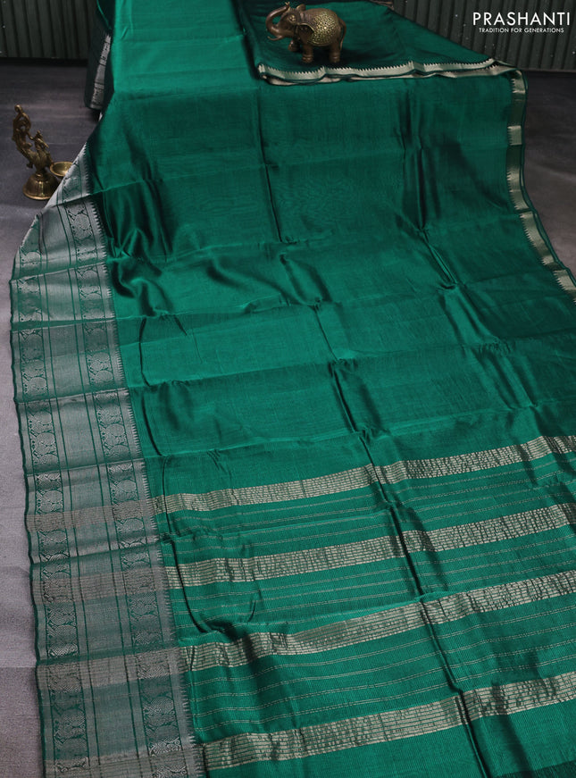 Mangalgiri silk cotton saree green and pink shade with plain body and long annam silver zari woven border