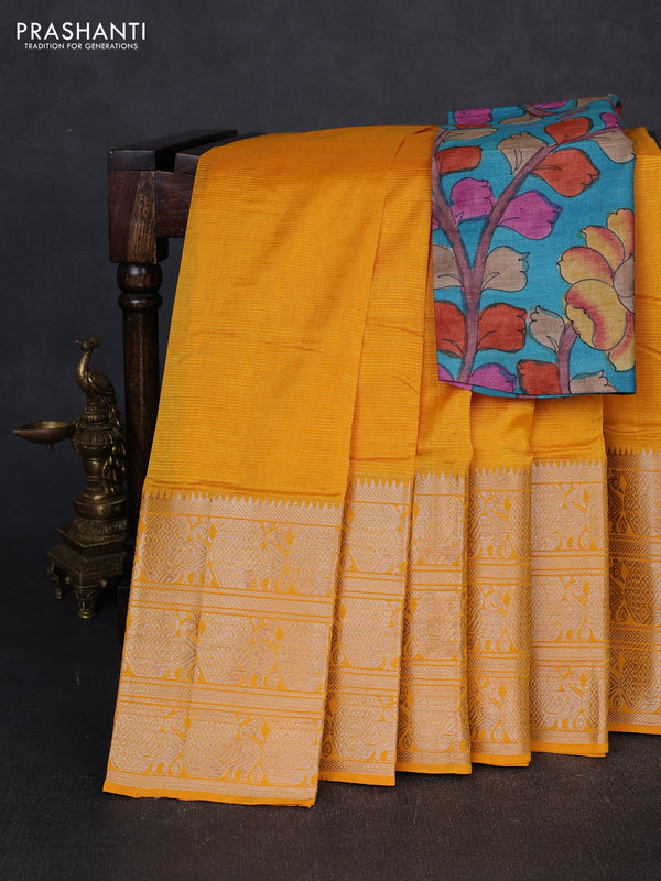 Mangalgiri silk cotton saree mustard yellow and teal blue with plain body and long annam silver zari woven border