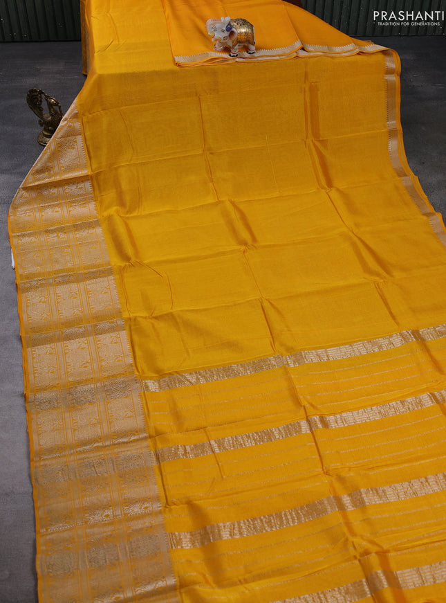 Mangalgiri silk cotton saree mustard yellow and teal blue with plain body and long annam silver zari woven border