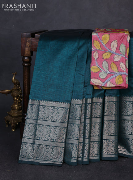 Mangalgiri silk cotton saree peacock green and pink shade with plain body and long annam silver zari woven border