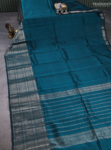 Mangalgiri silk cotton saree peacock green and pink shade with plain body and long annam silver zari woven border