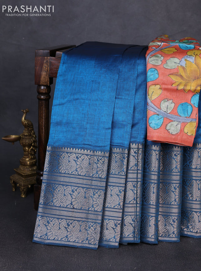 Mangalgiri silk cotton saree peacock blue and orange with plain body and long annam silver zari woven border