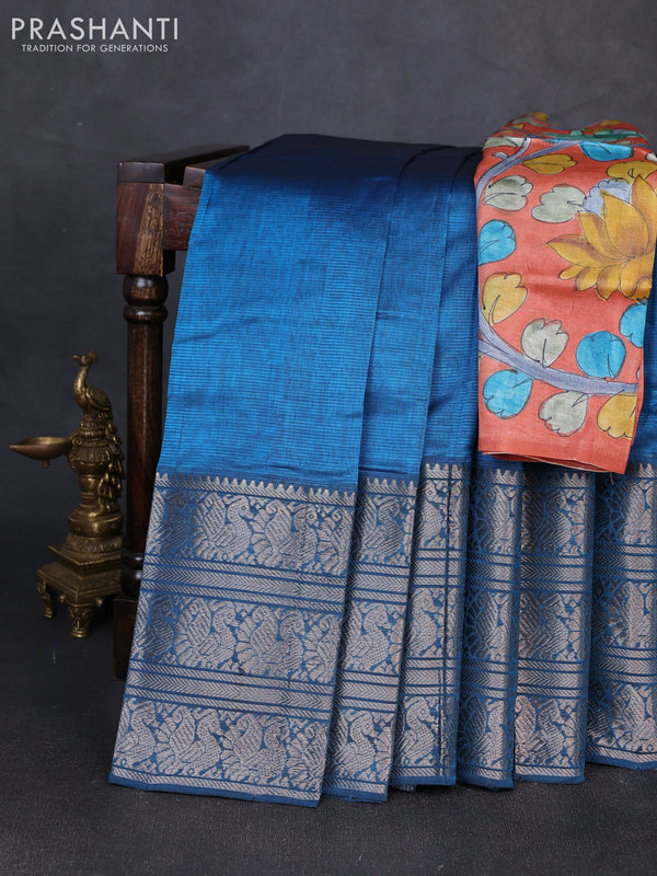 Mangalgiri silk cotton saree peacock blue and orange with plain body and long annam silver zari woven border