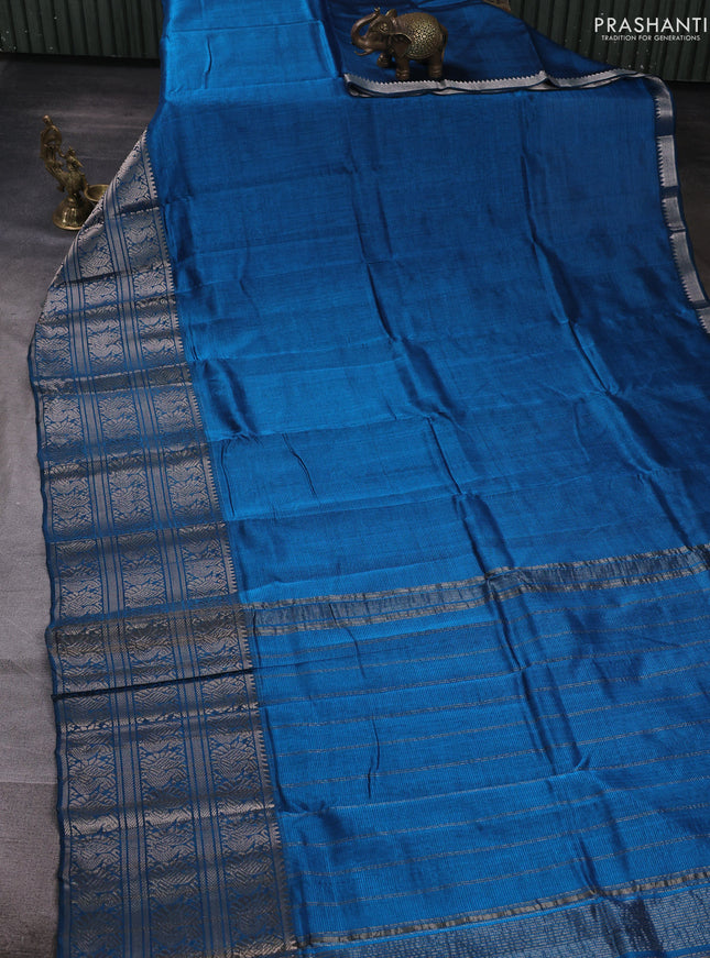 Mangalgiri silk cotton saree peacock blue and orange with plain body and long annam silver zari woven border