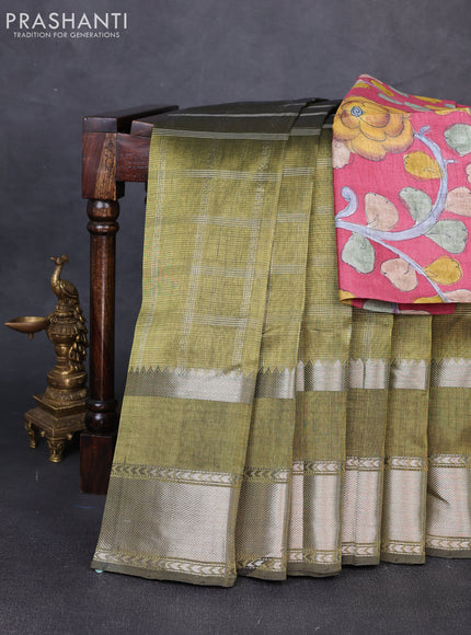 Mangalgiri silk cotton saree mehendi green and pink shade with allover silver zari checked pattern and long rettapet silver zari woven border